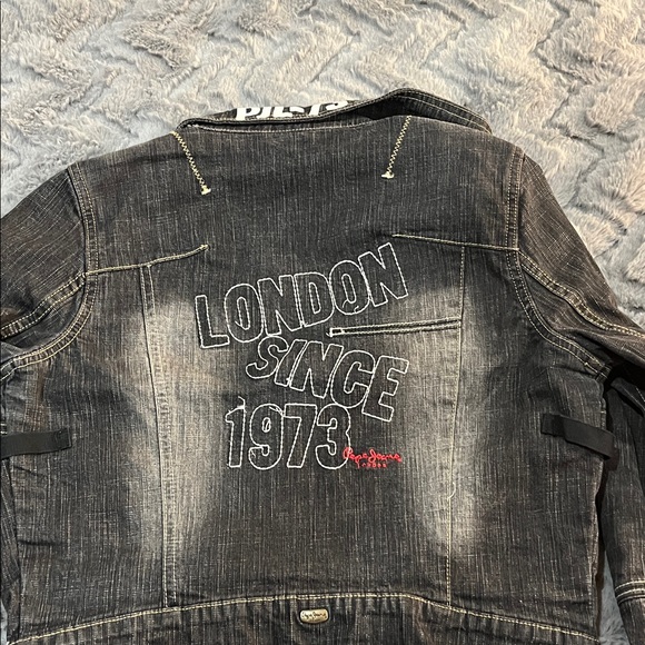 Vintage Y2K Pepe Jeans London Denim Jacket Big Logo Distressed Moto Style - Picture 7 of 8